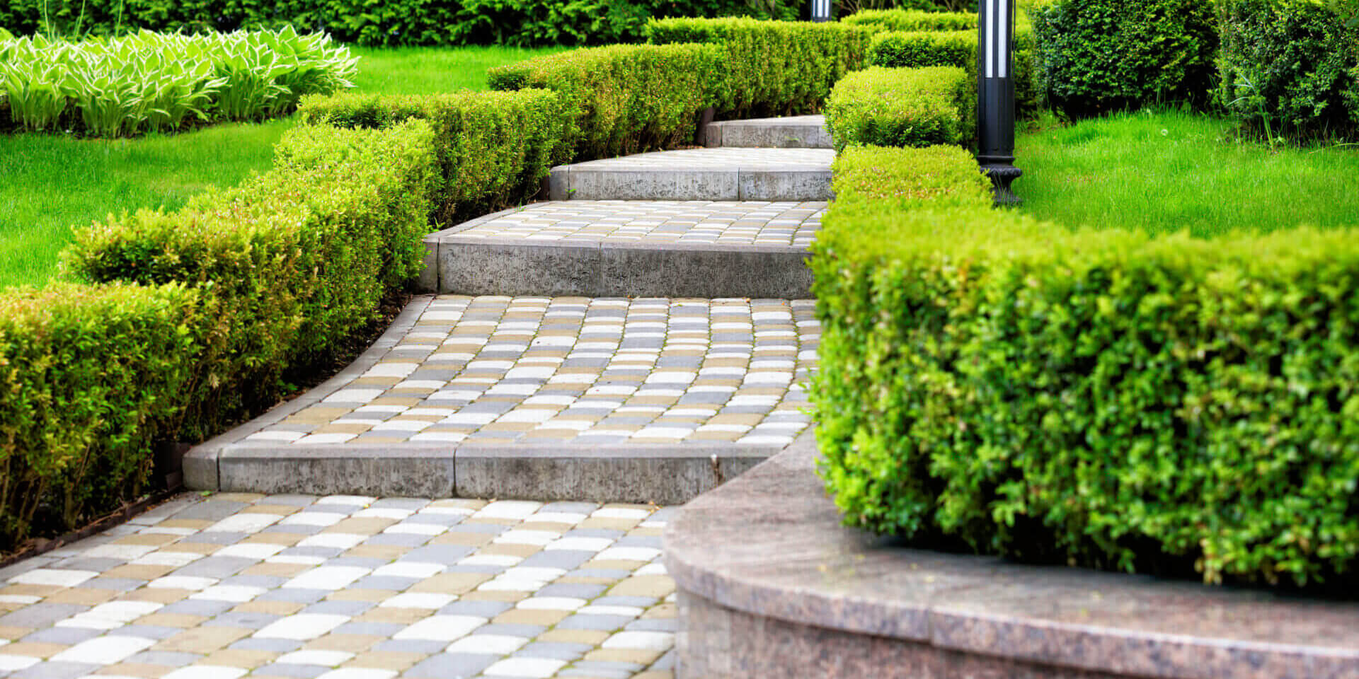 Paved Cobblestone Trail In A Beautiful Park, Framed By Cropped Bushes In The Rays Of Soft Light